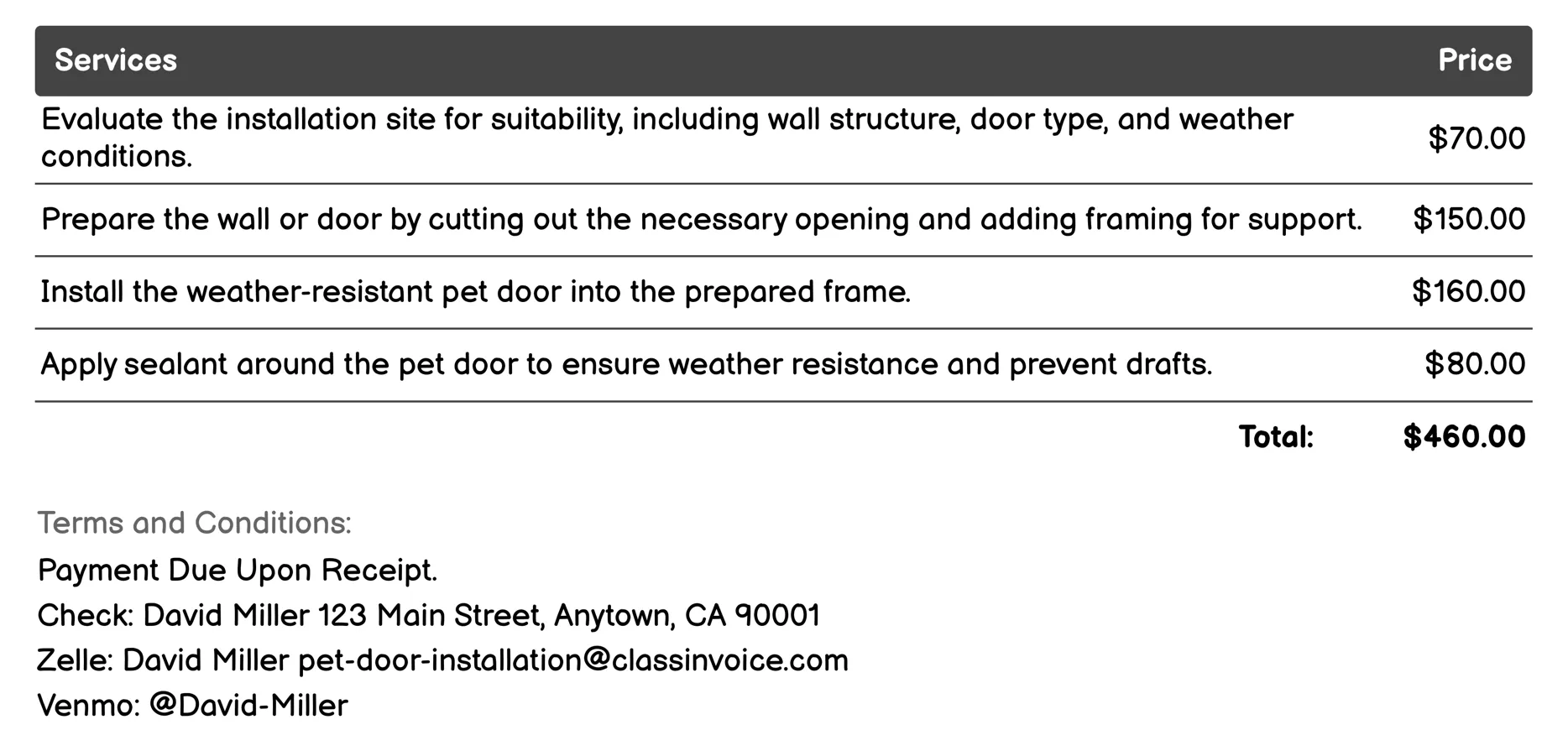 Weather-Resistant Pet Doors Invoice Example