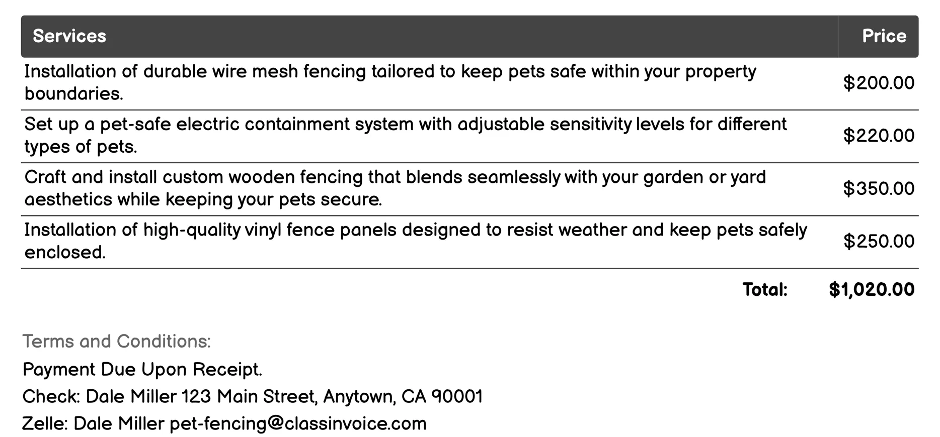 Custom Pet Fencing Solutions Invoice Example