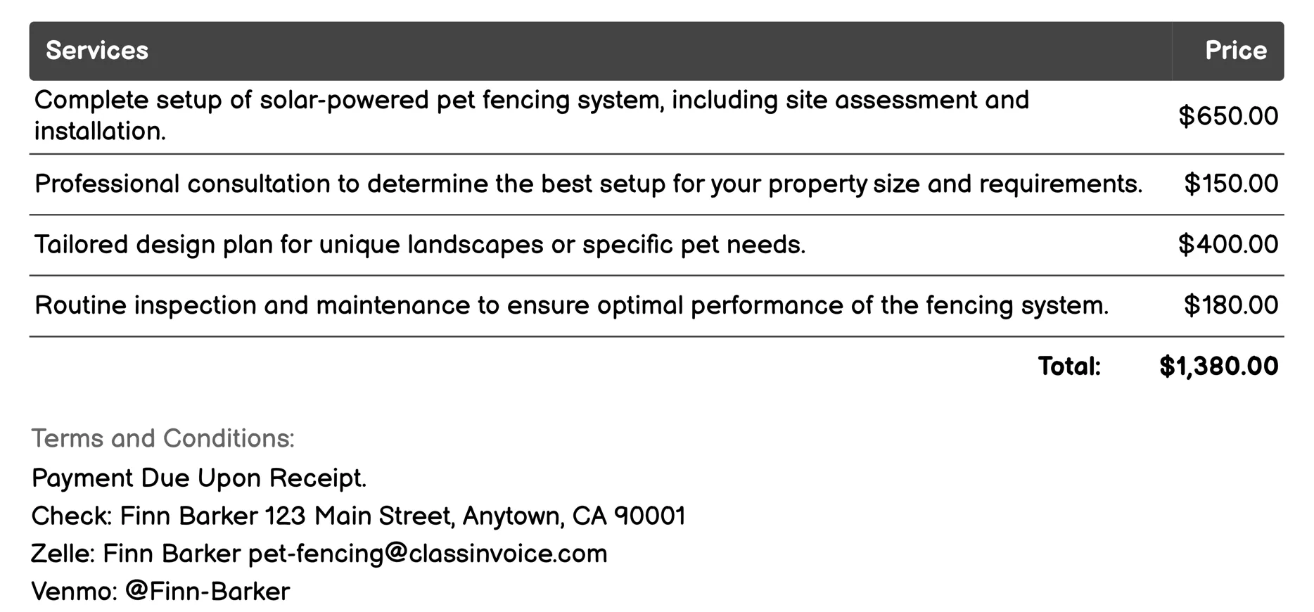 Solar-Powered Pet Fencing Invoice Example