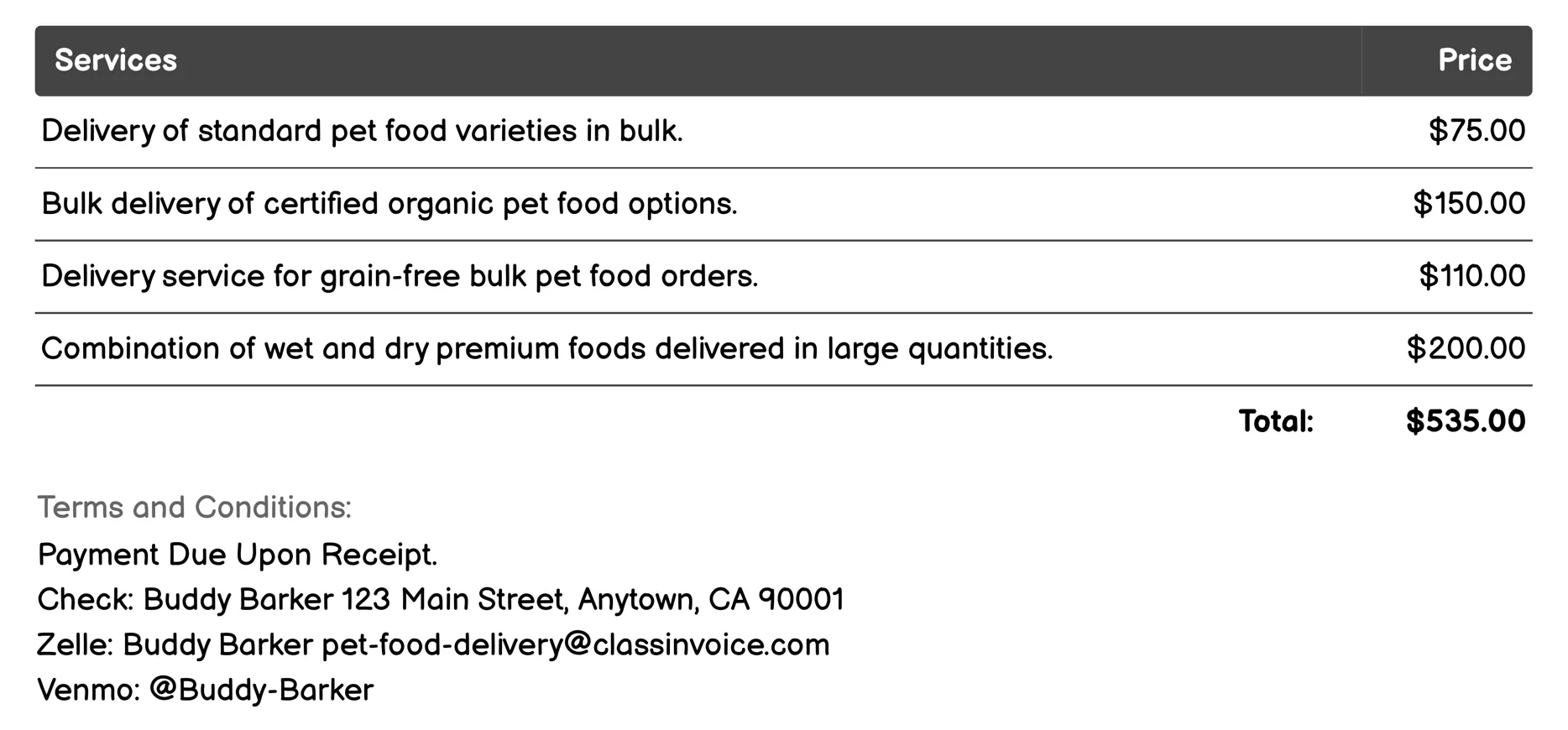 Bulk Order Deliveries Invoice Example