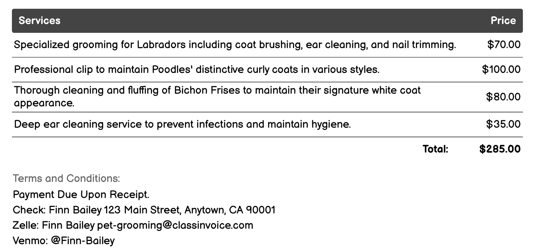 Specialized Breeds Grooming Invoice Example