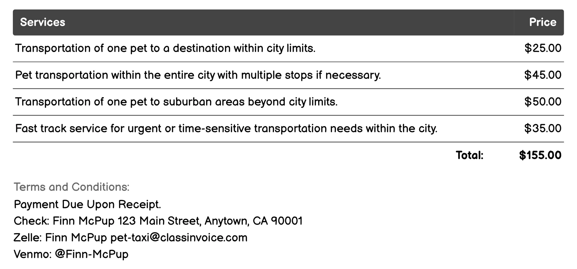 Doggy Drop-off Invoice Example