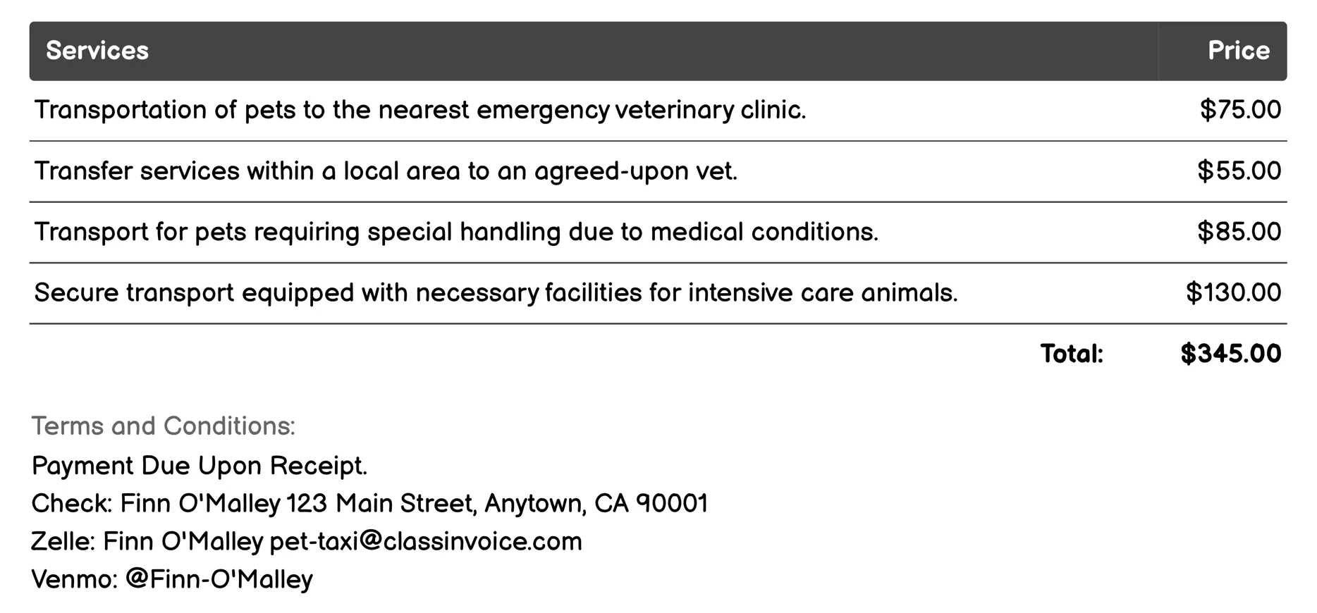 Emergency Vet Transport Invoice Example
