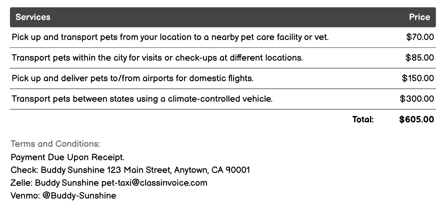 Pet Relocation Service Invoice Example