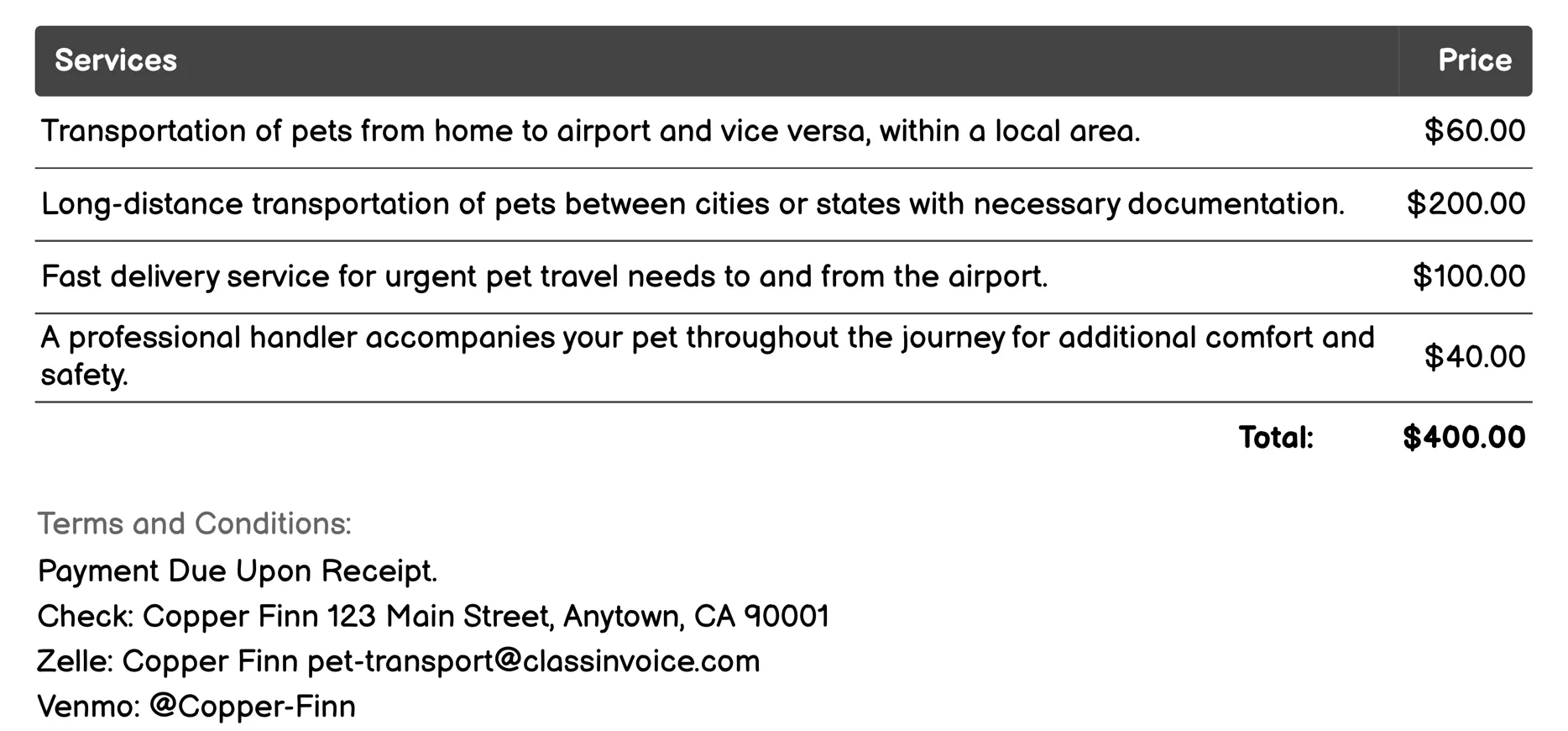 Airport Pet Transportation Invoice Example