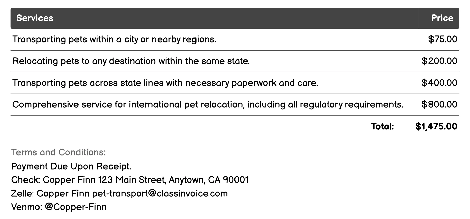 Pet Relocation Services Invoice Example