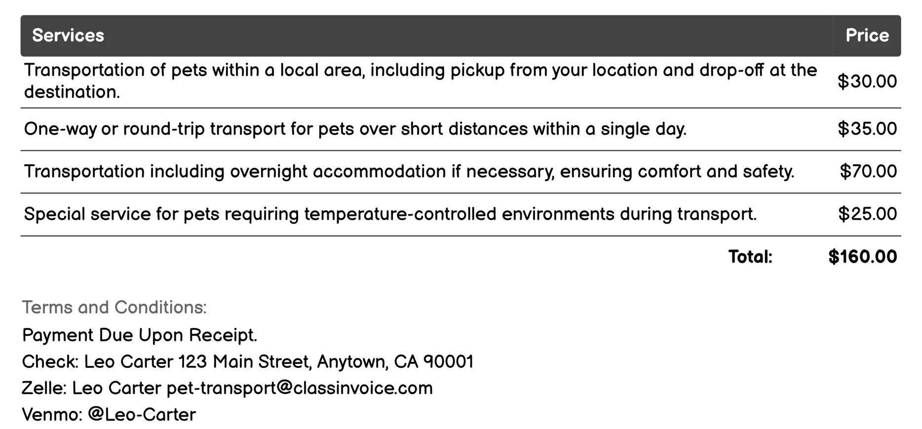 Private Vehicle Pet Shuttle Invoice Example