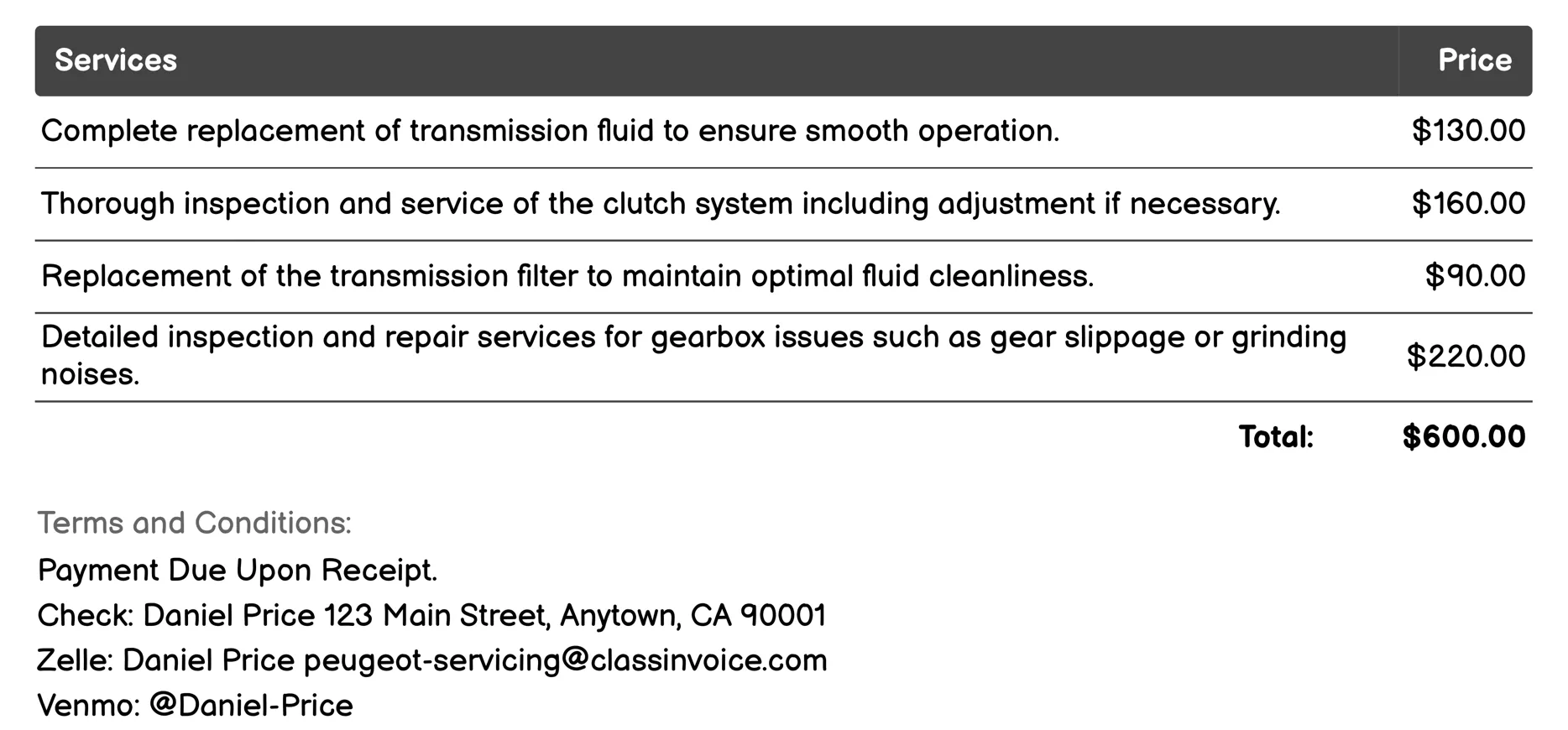 Transmission Service Invoice Example