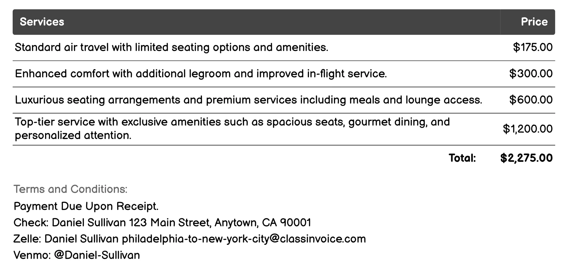Air Travel Invoice Example