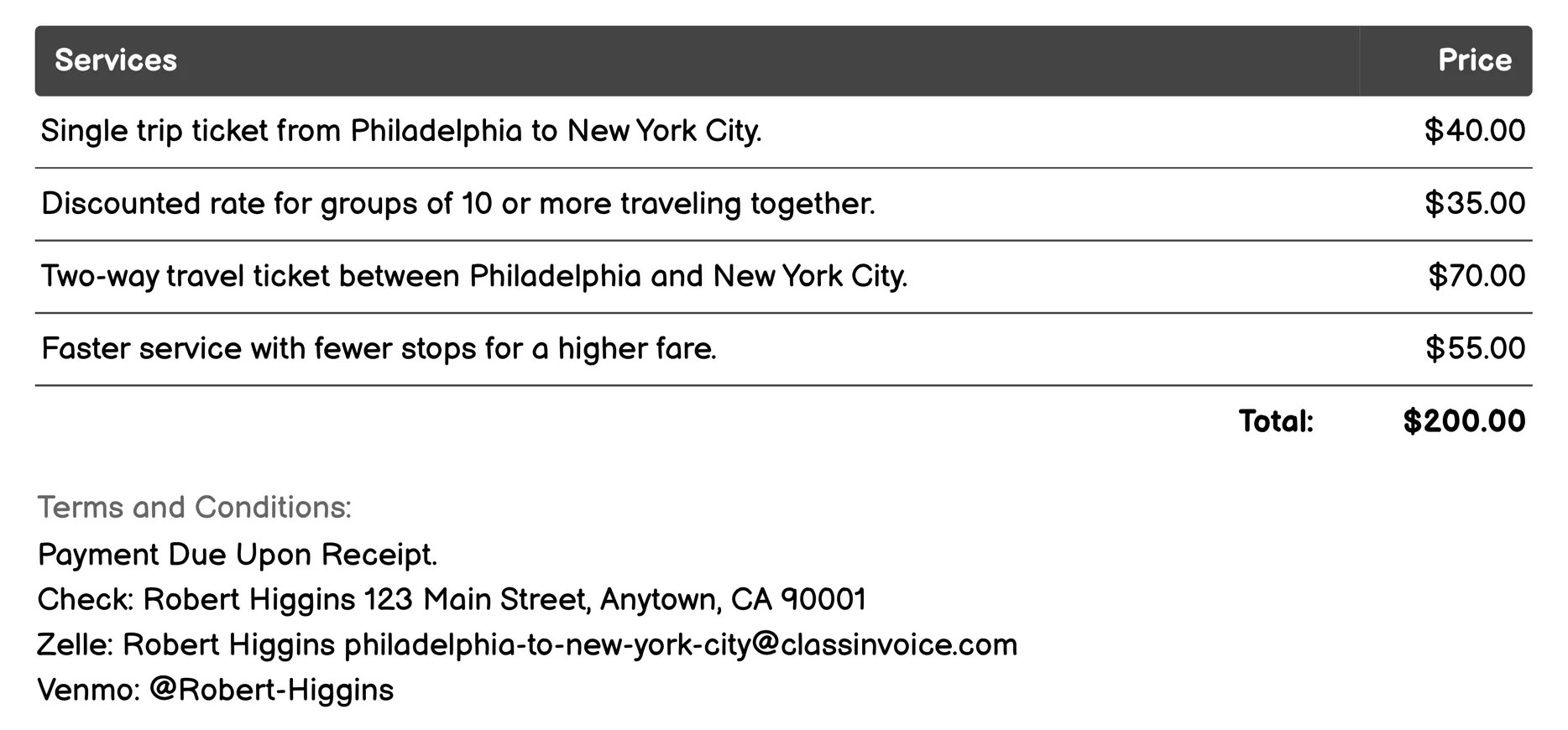 Ferry Services Invoice Example