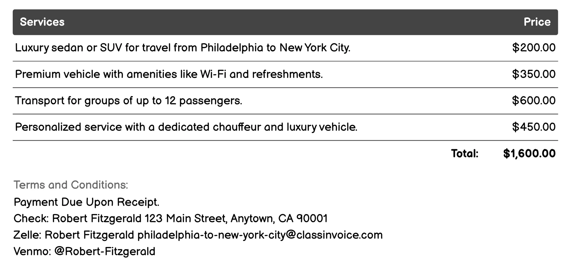 Limousine Services Invoice Example