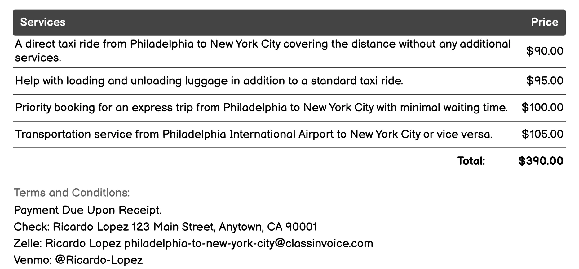 Taxi Services Invoice Example