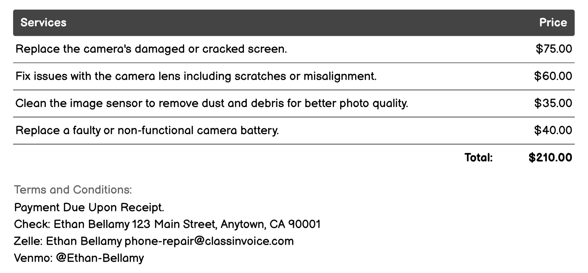 Camera Repair Invoice Example