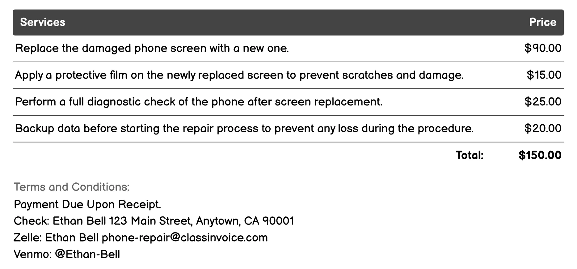 Screen Replacement Invoice Example