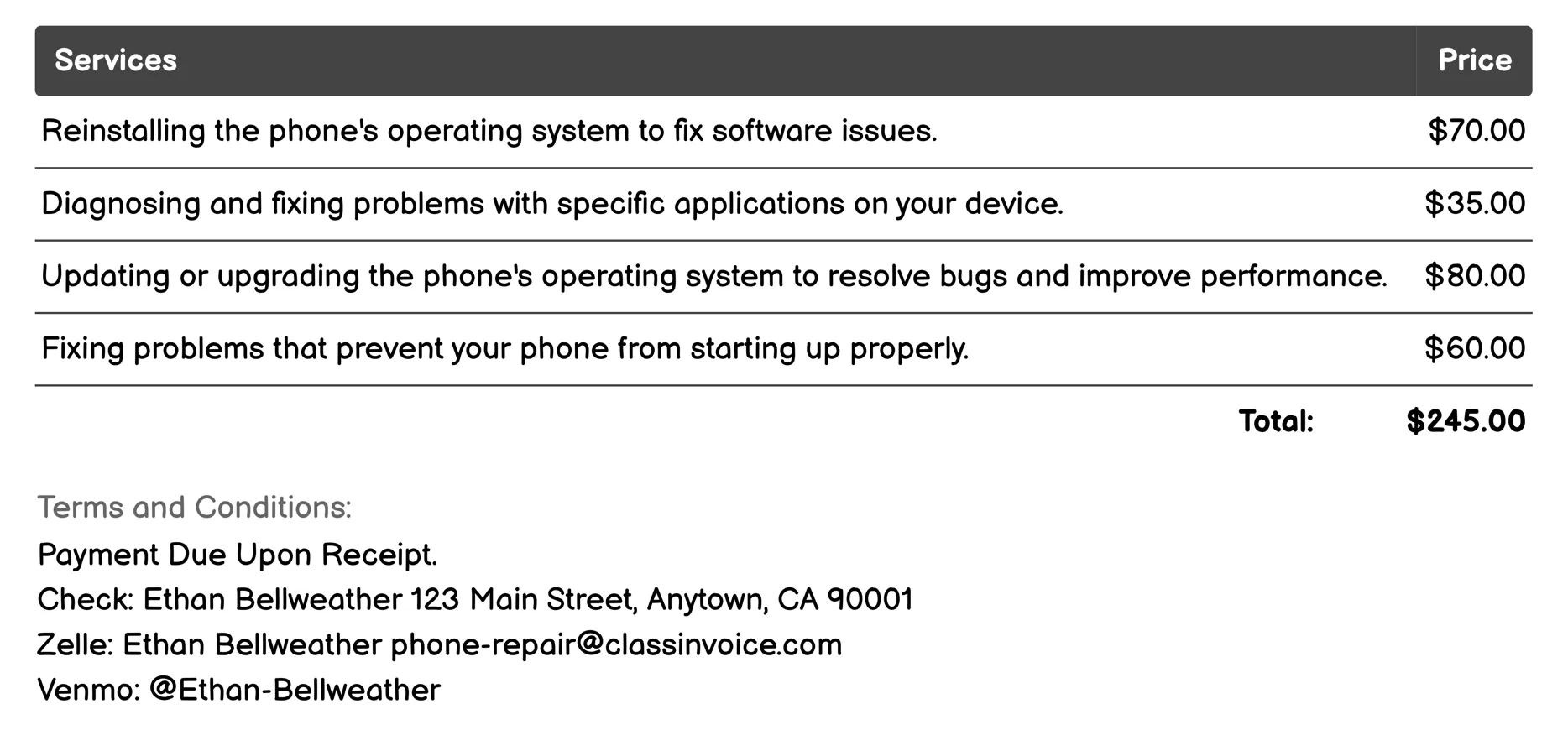 Software Troubleshooting Invoice Example