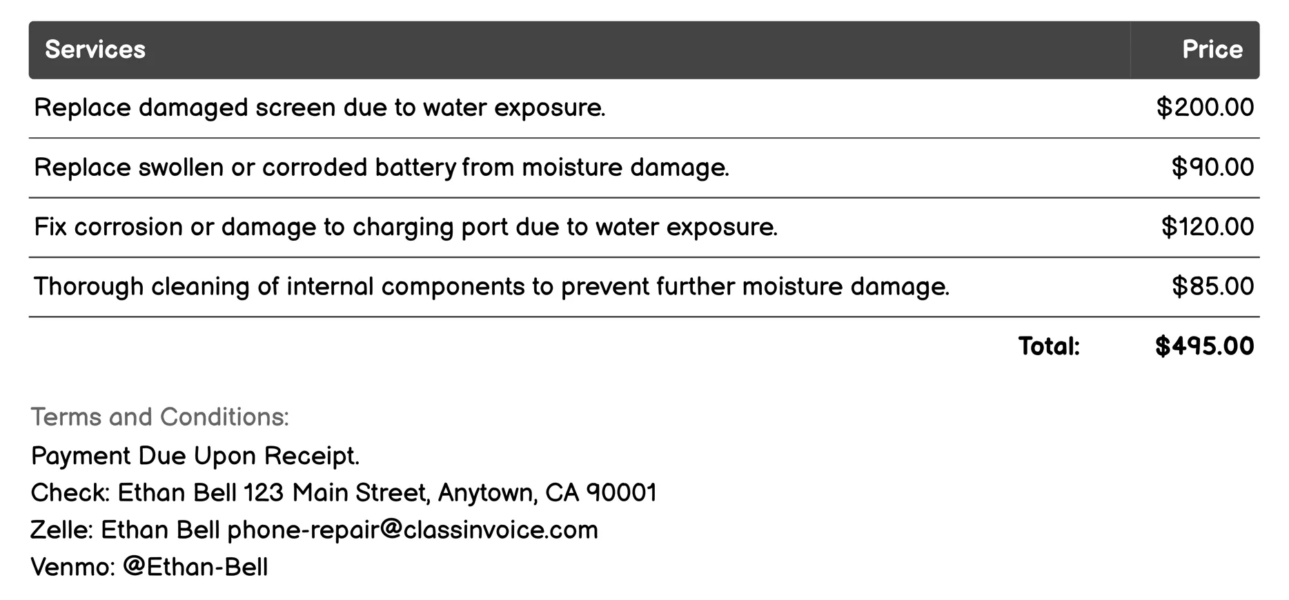 Water Damage Recovery Invoice Example