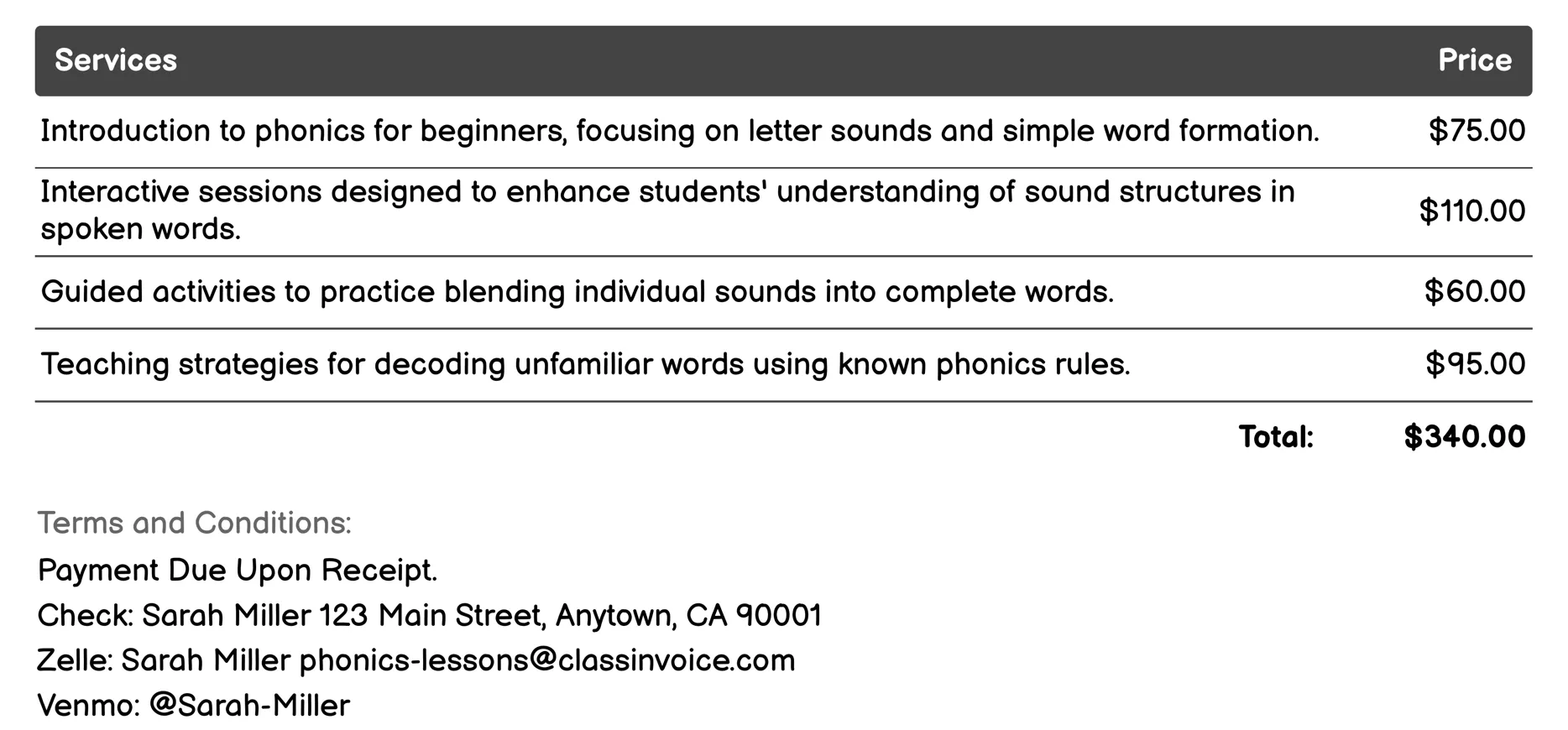 Group Phonics Classes Invoice Example