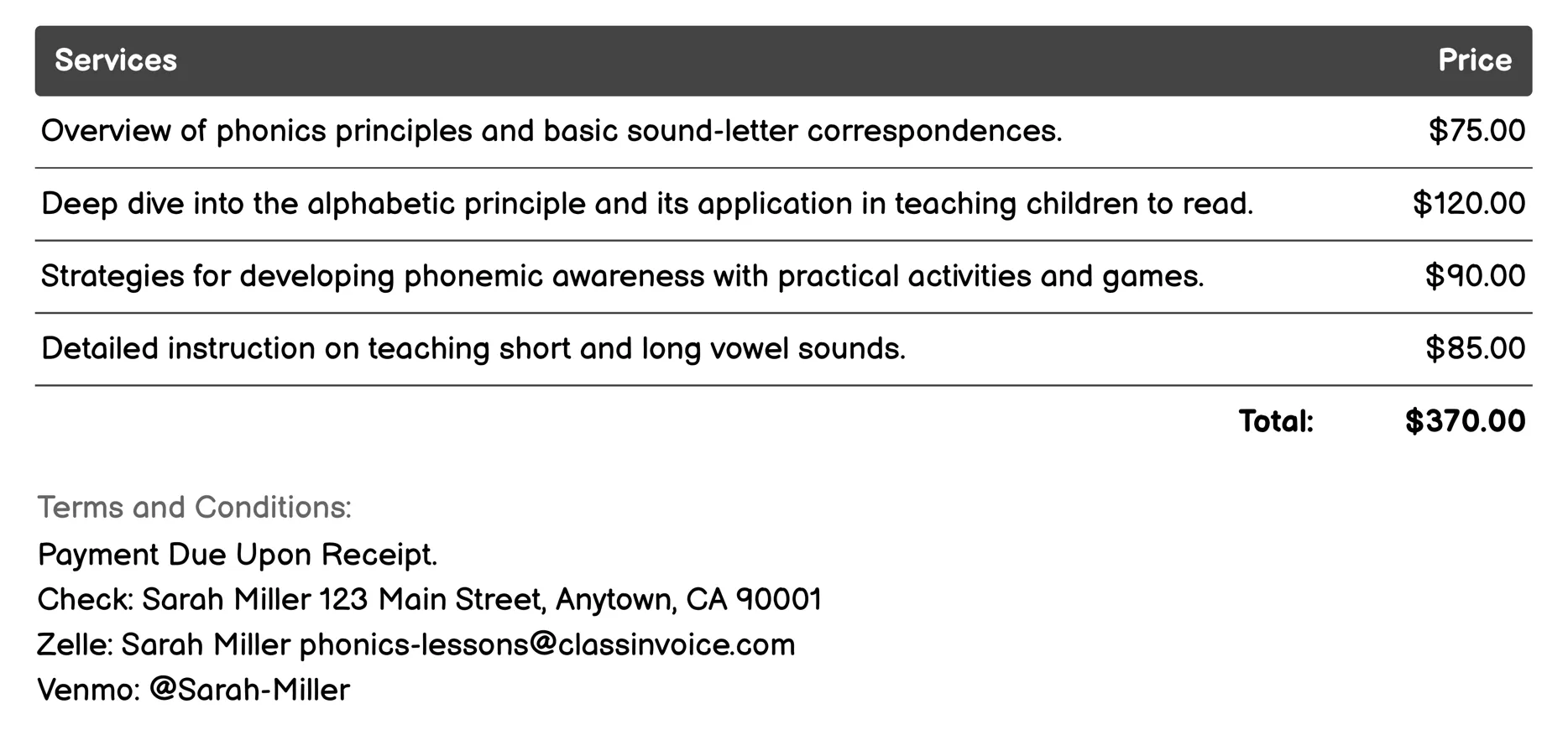 Parental Phonics Training Sessions Invoice Example