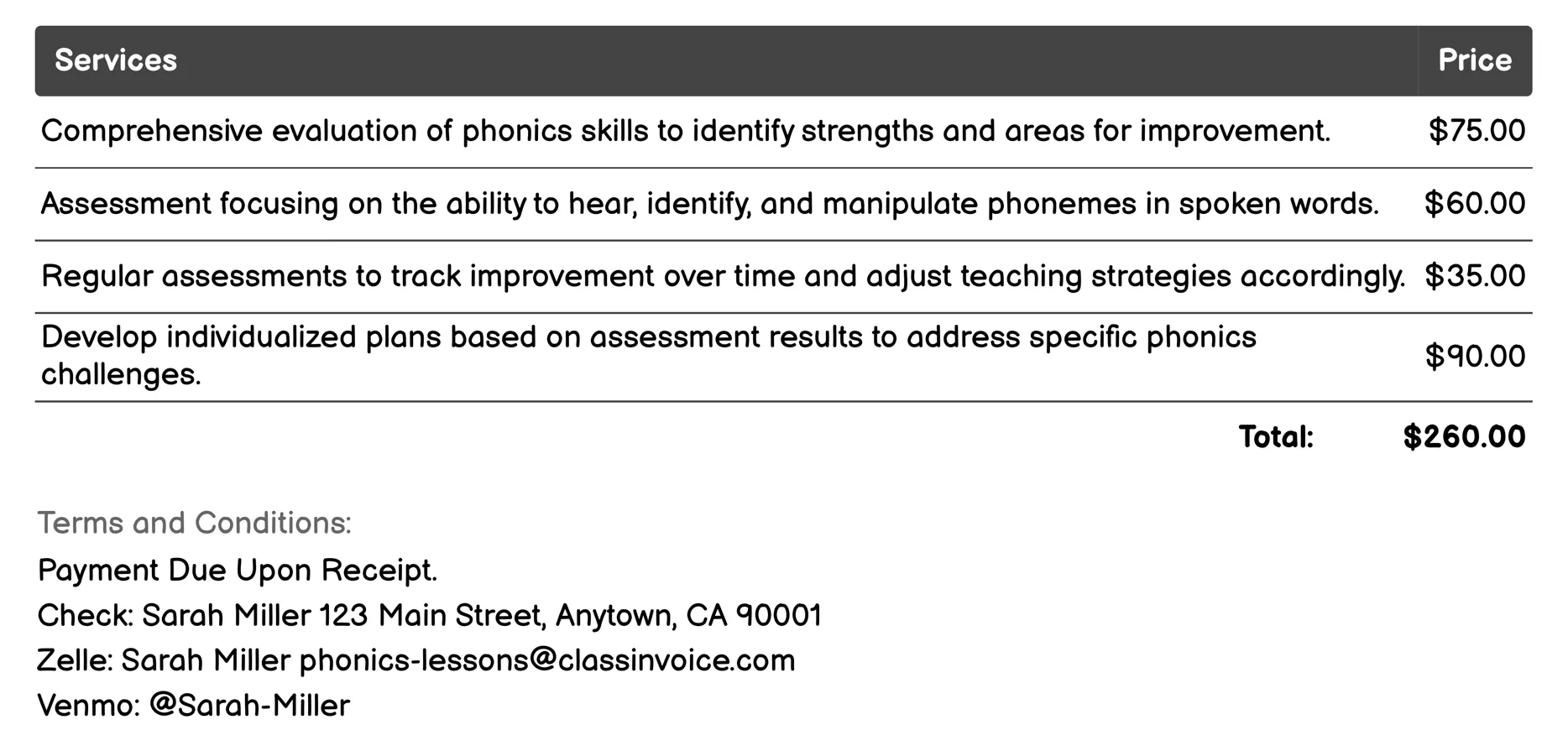 Phonics Assessment Services Invoice Example