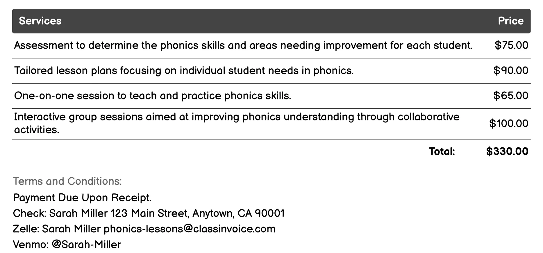Special Education Phonics Support Invoice Example