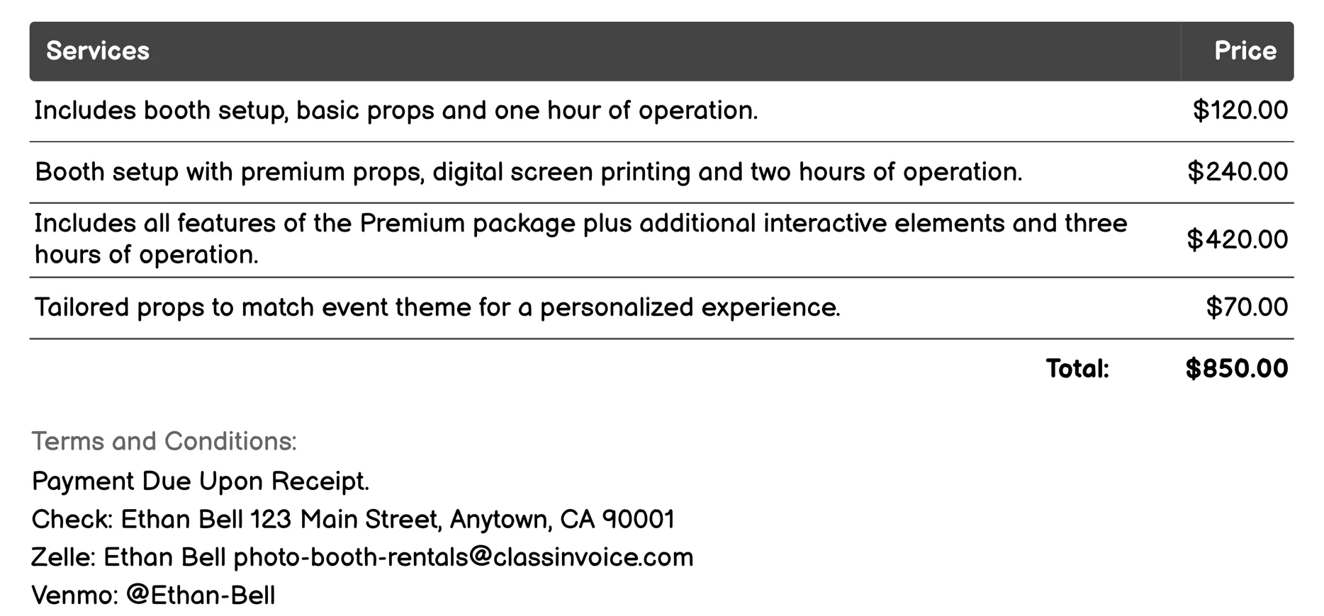 Customizable Photo Booths Invoice Example