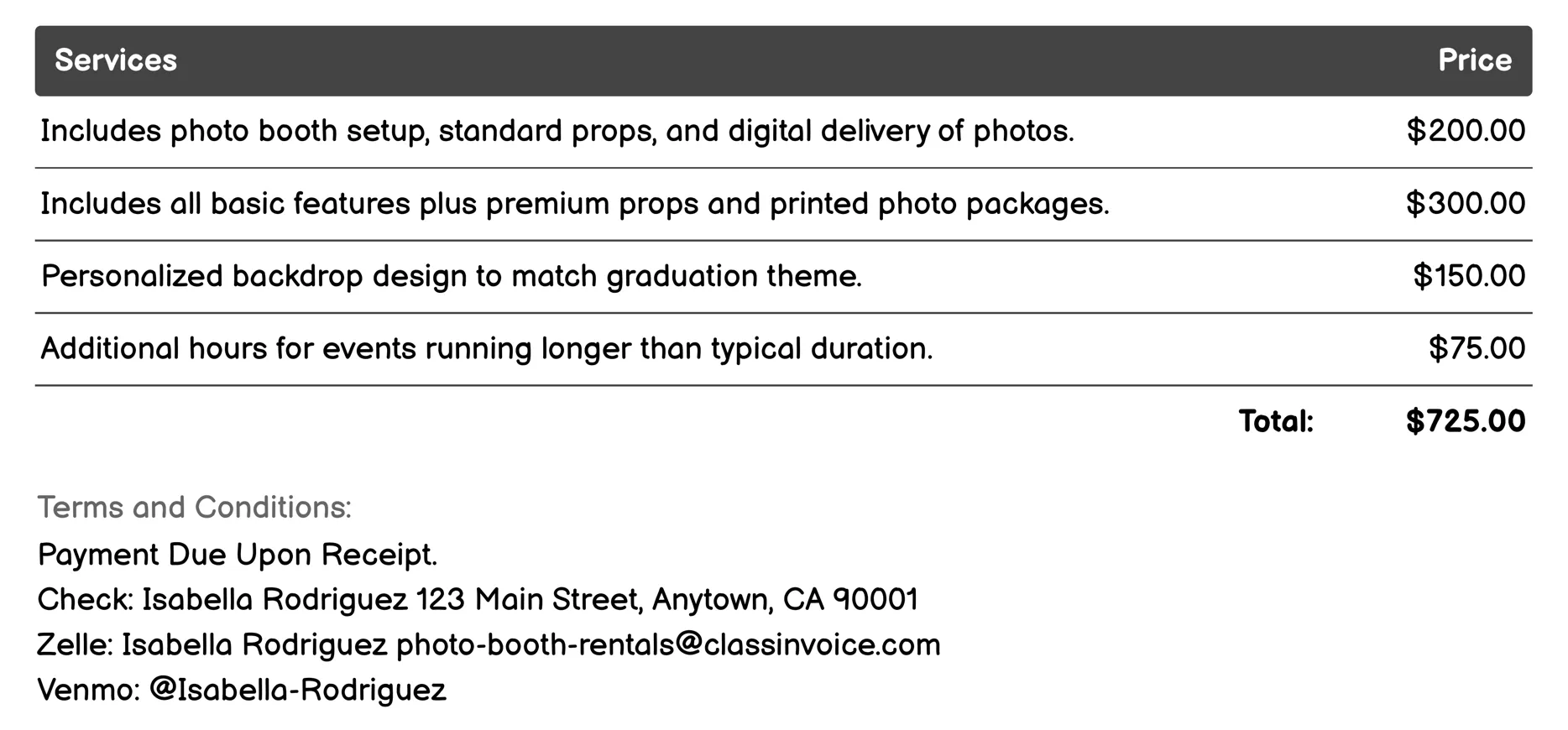 Graduation Photo Booths Invoice Example