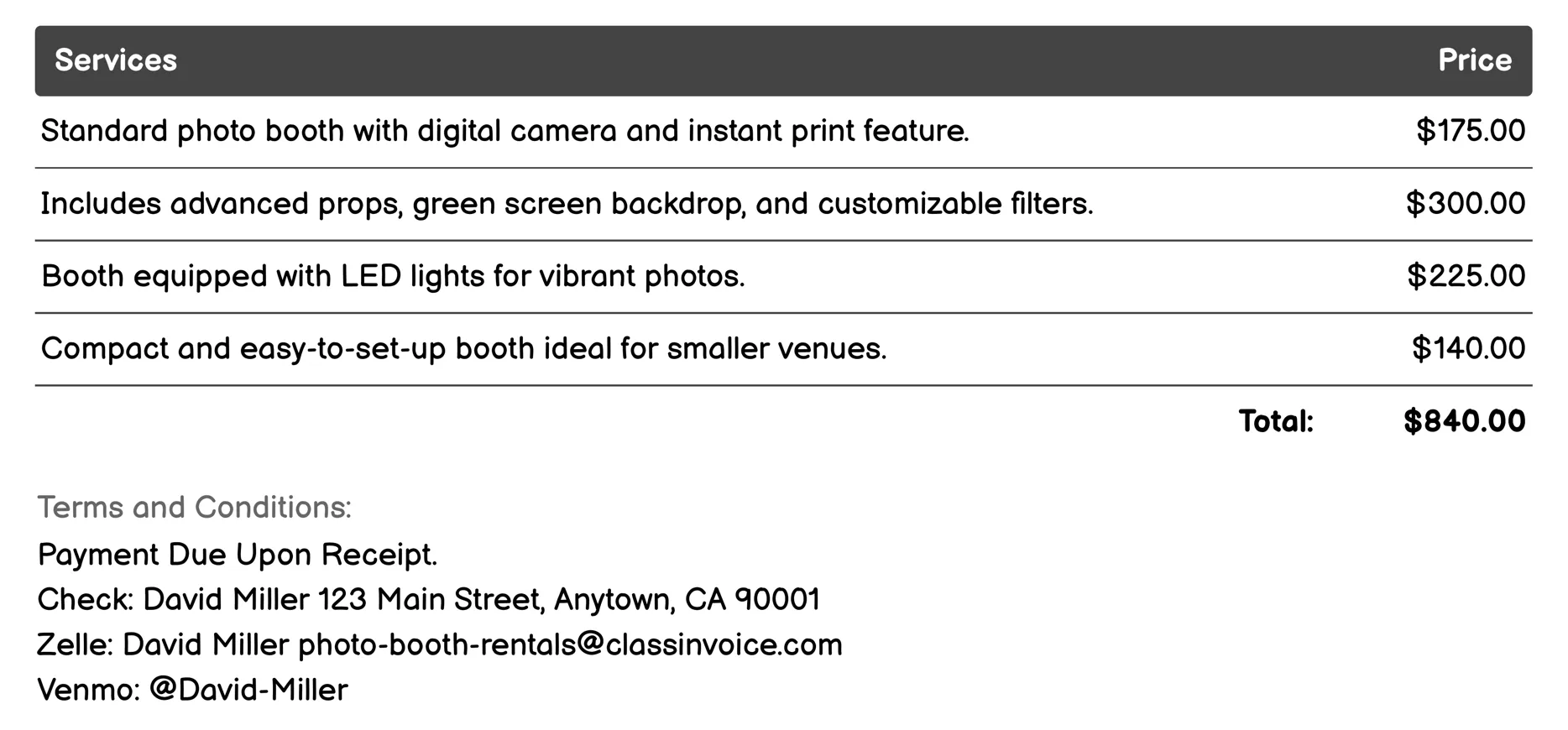 Wedding Photo Booths Invoice Example
