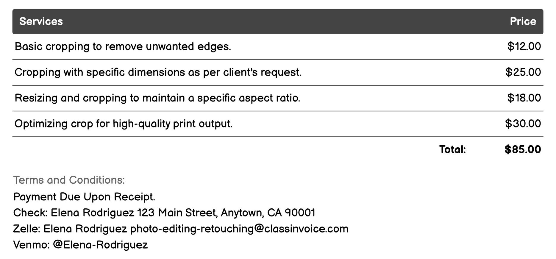 Cropping and Framing Invoice Example