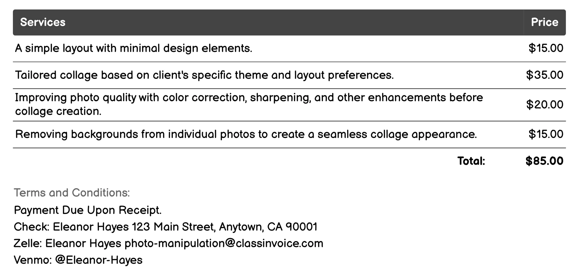 Photo Collage Creation Invoice Example