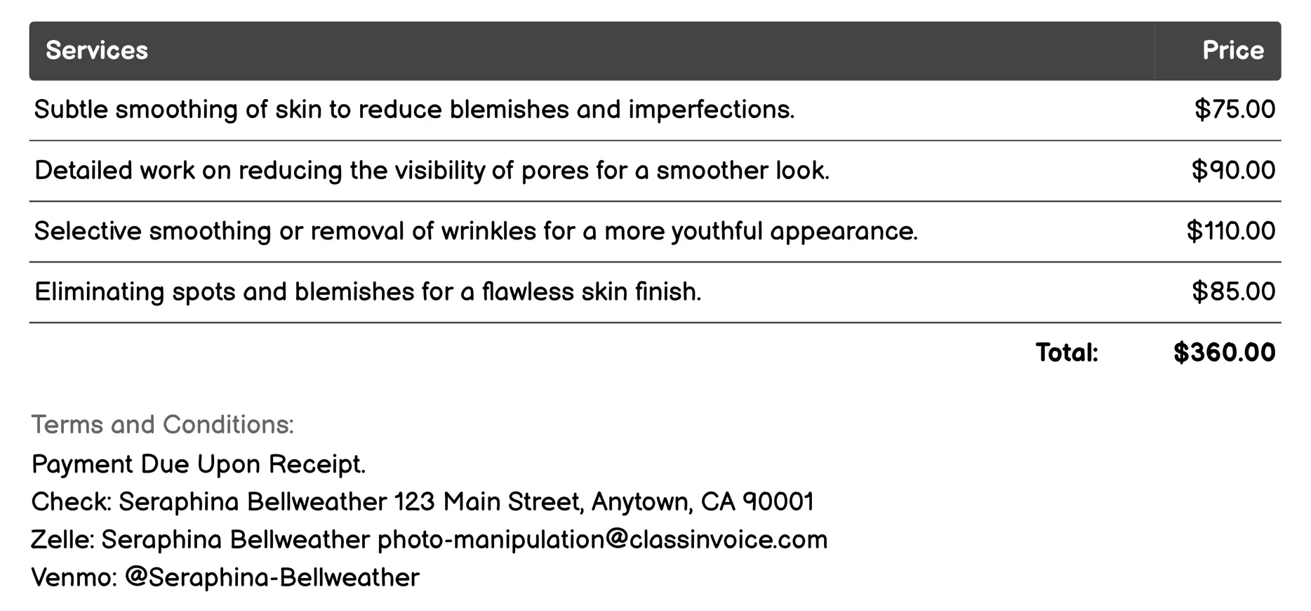 Portrait Retouching Invoice Example