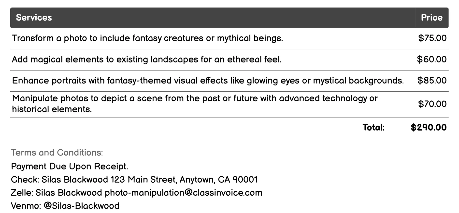 Special Effects and Fantasy Elements Invoice Example