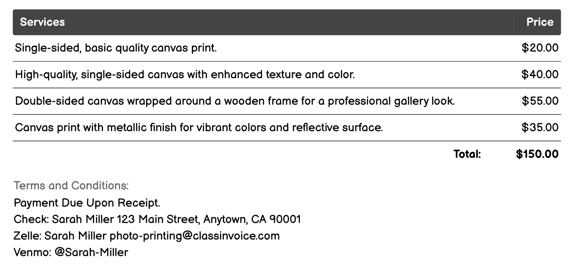 Canvas Prints Invoice Example