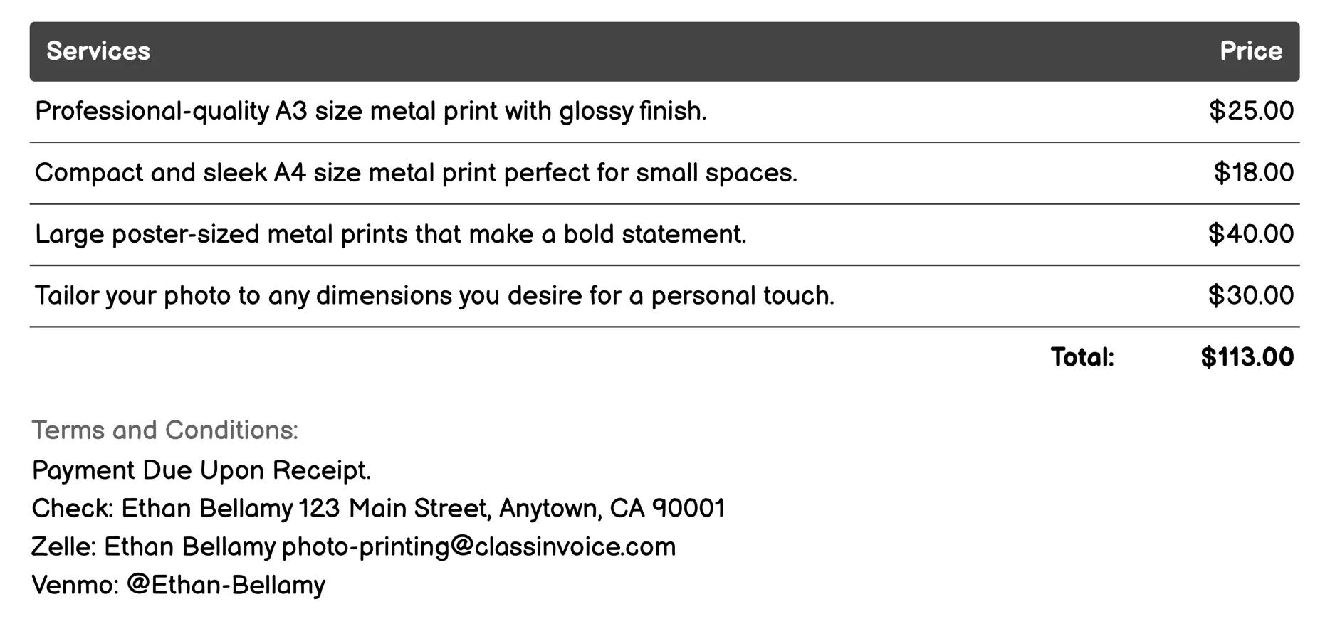 Metal Prints Invoice Example