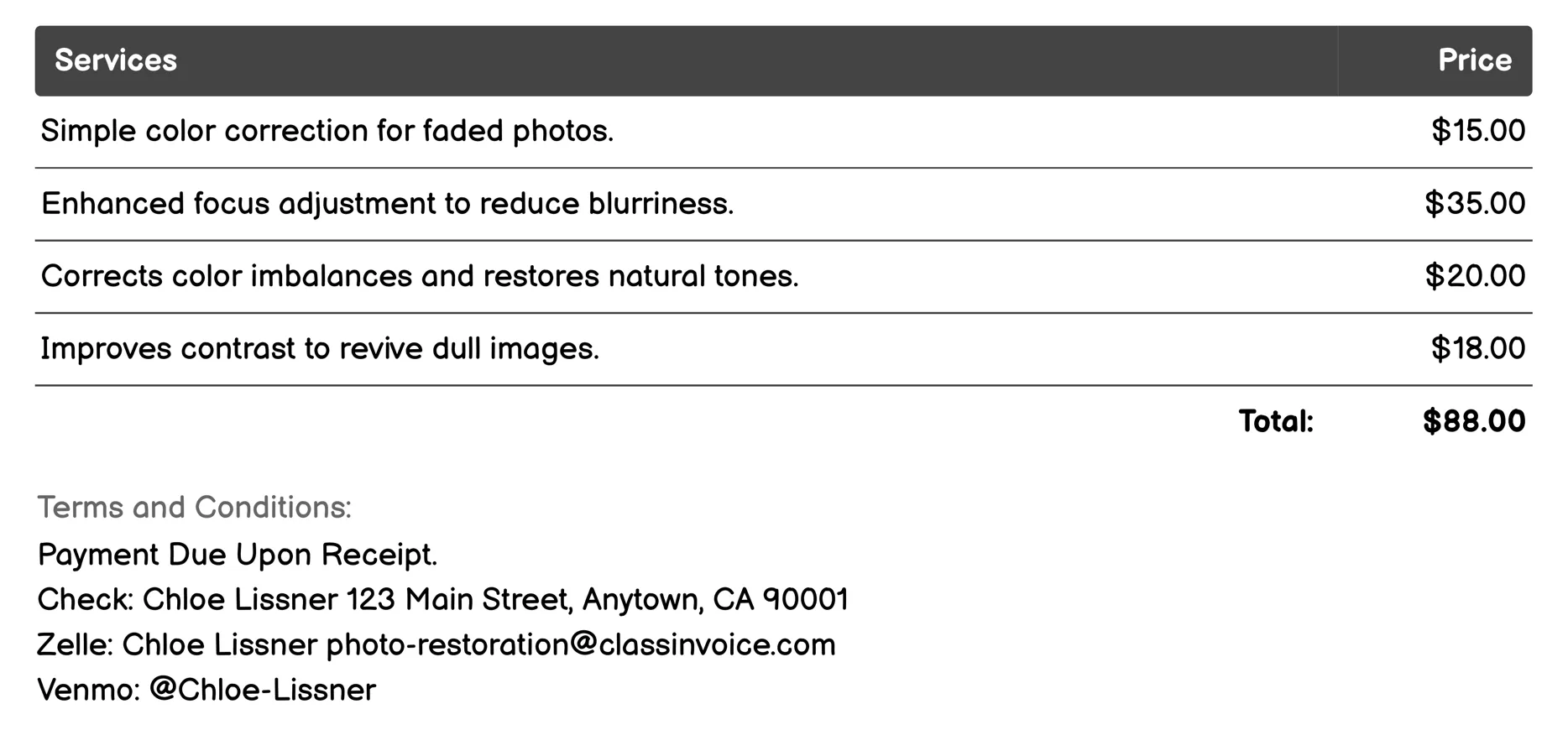 Decoloration and Blurriness Correction Invoice Example