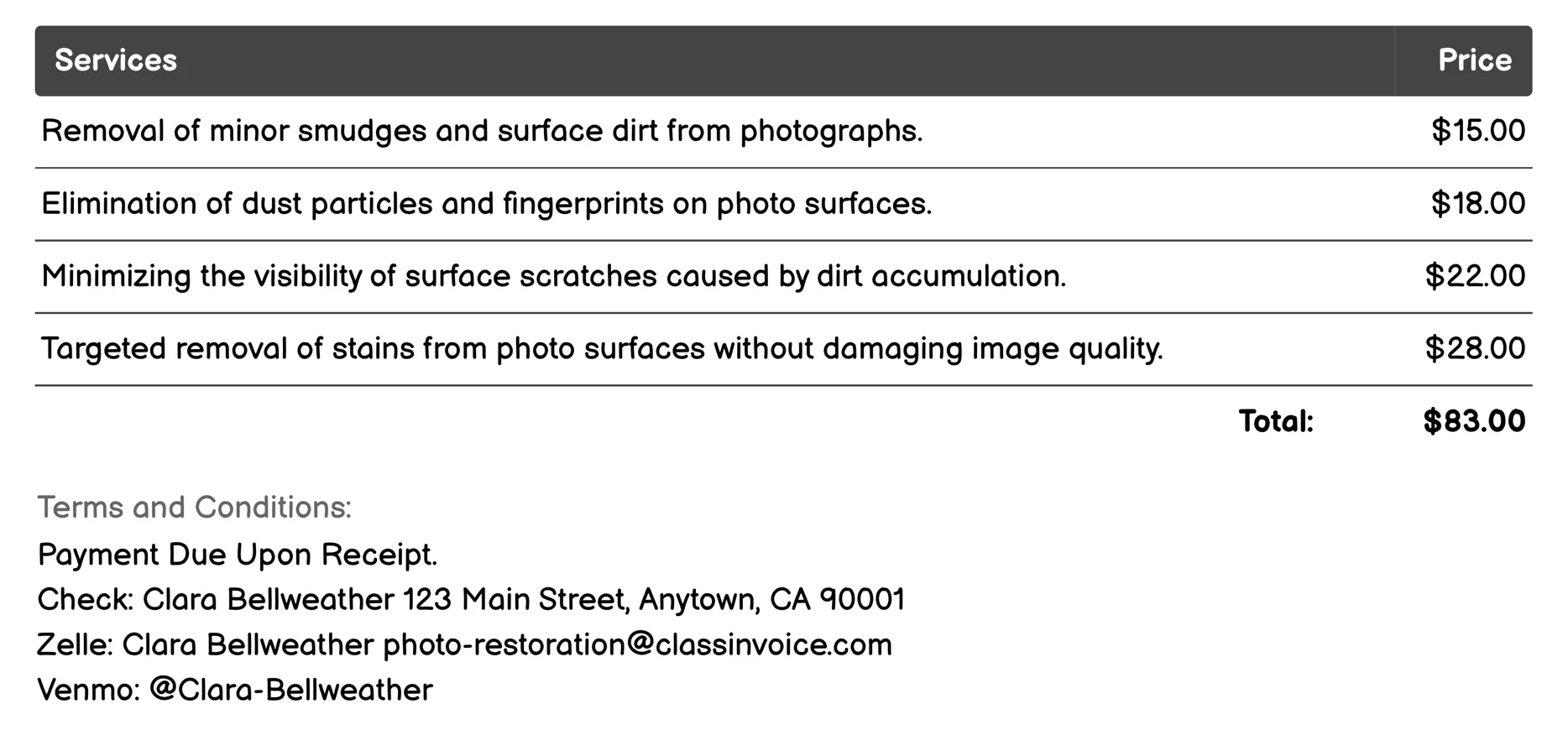 Dirt and Smudge Removal Invoice Example