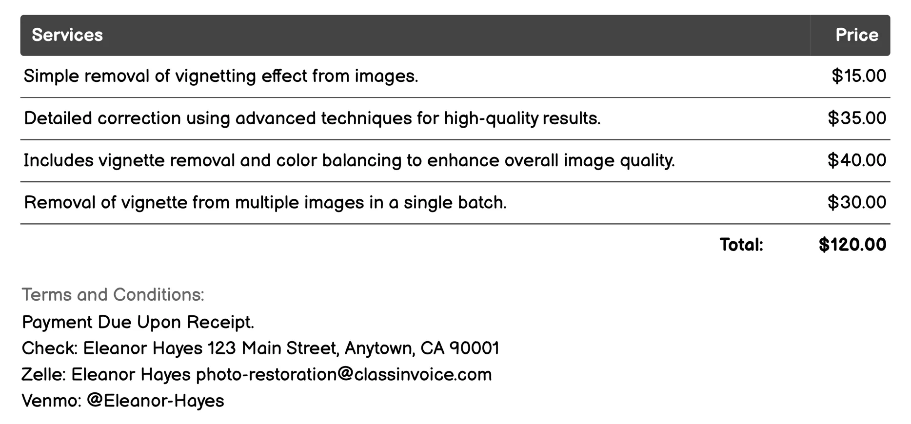 Vignette Removal Invoice Example