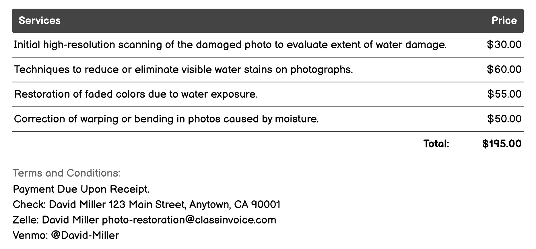 Water Damage Recovery Invoice Example
