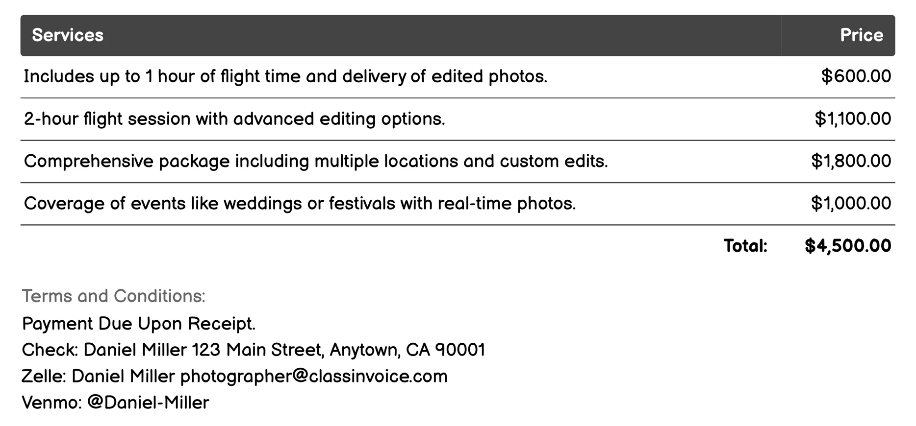 Aerial Photography Invoice Example