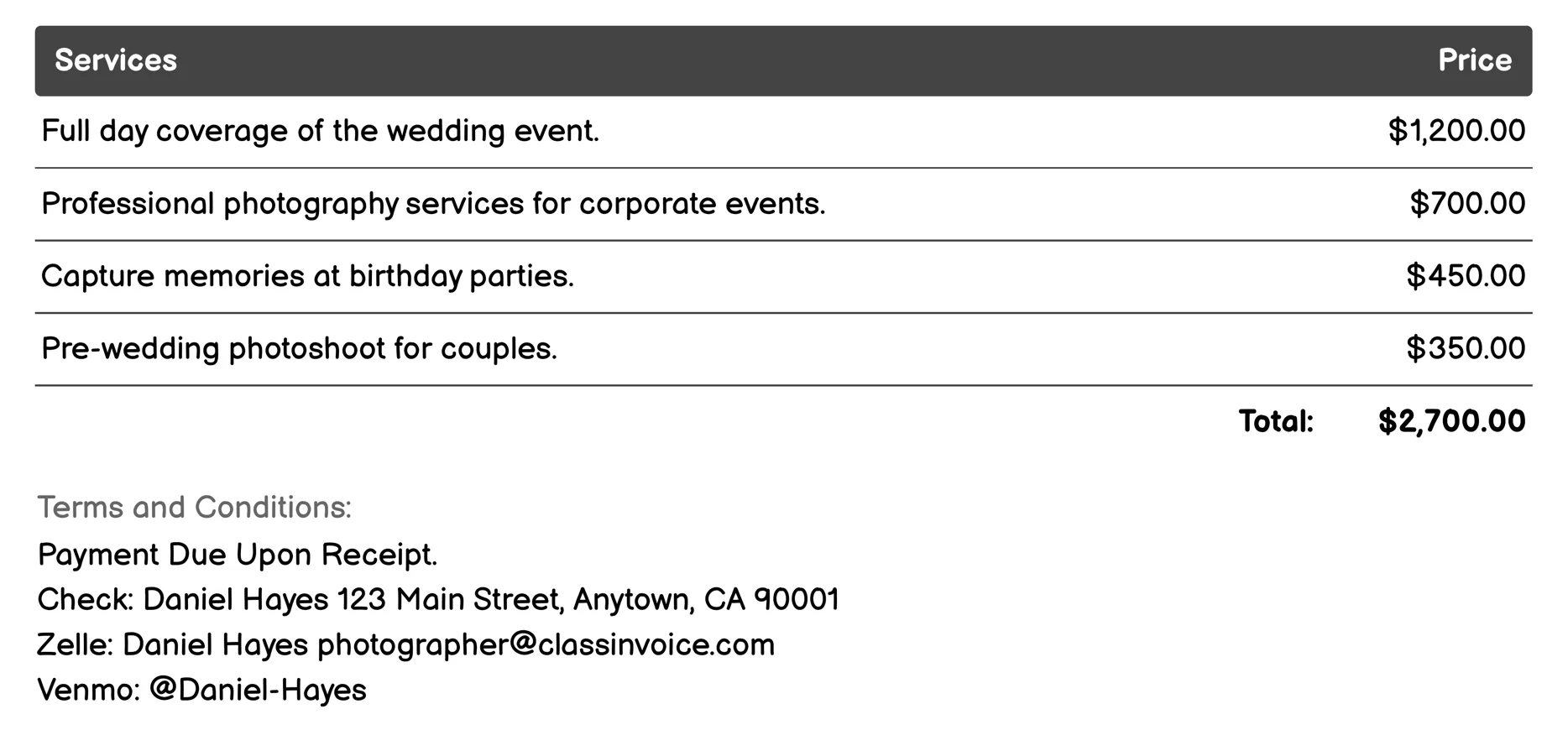 Event Photography Invoice Example