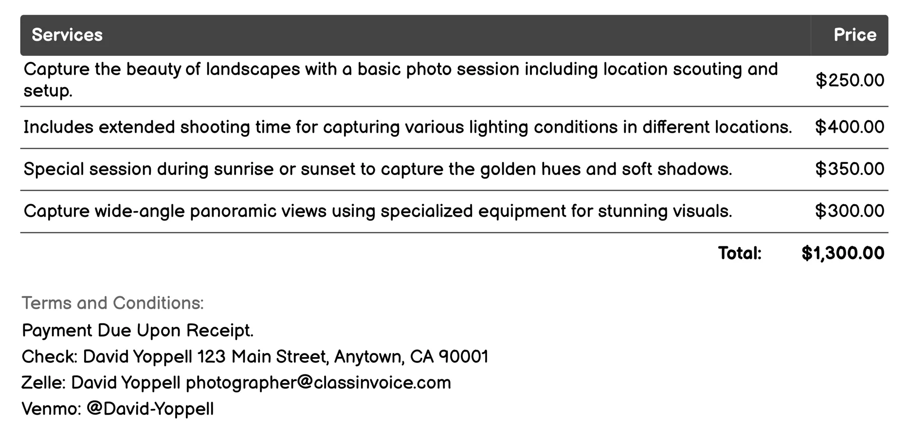 Landscape Photography Invoice Example