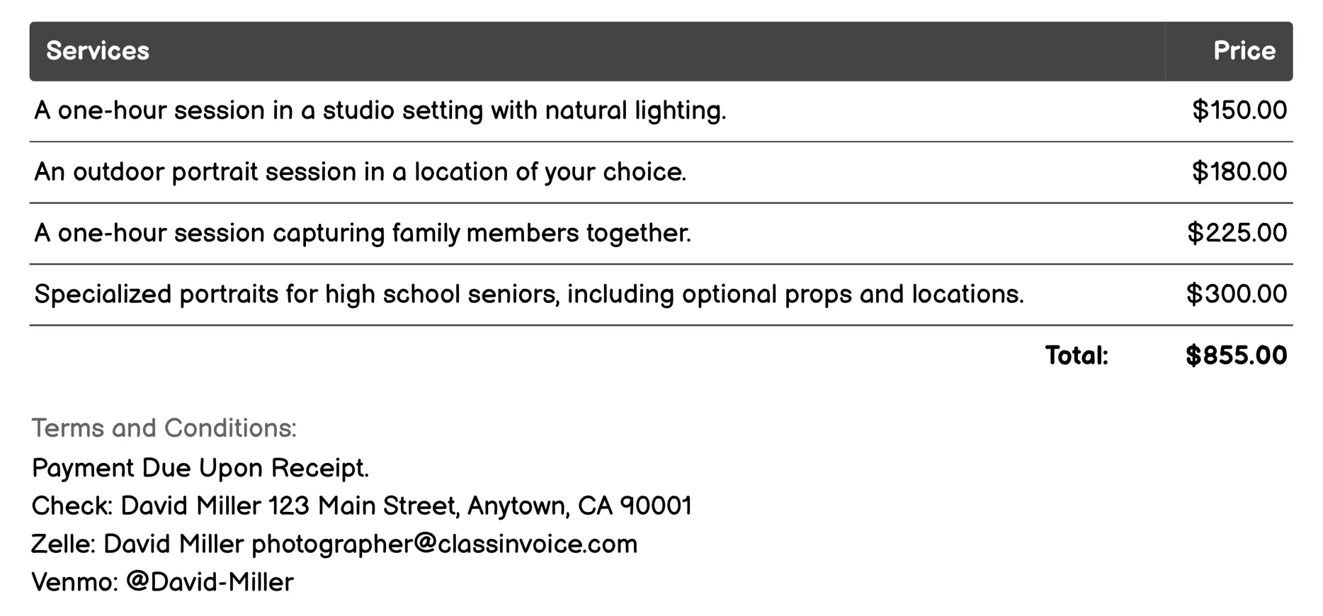 Portrait Photography Invoice Example