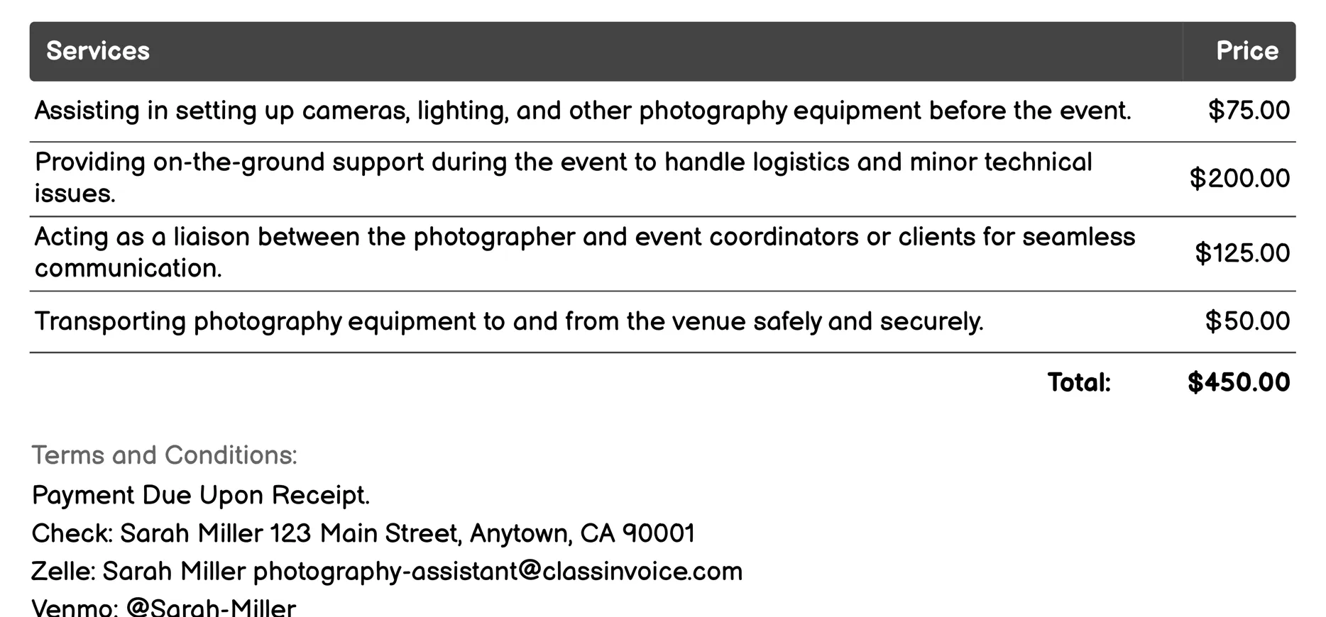 Event Photography Assistants Invoice Example