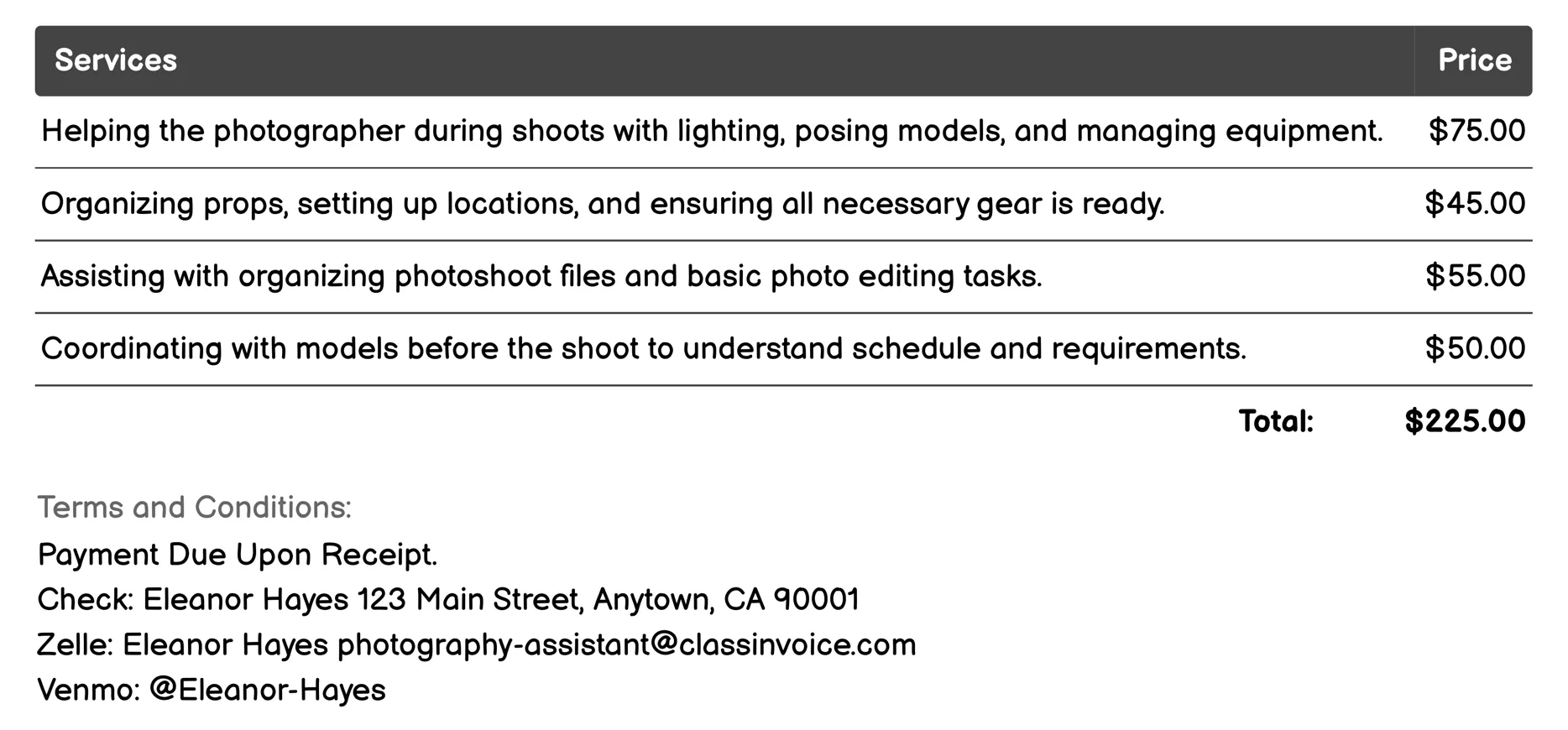 Fashion Photography Assistants Invoice Example