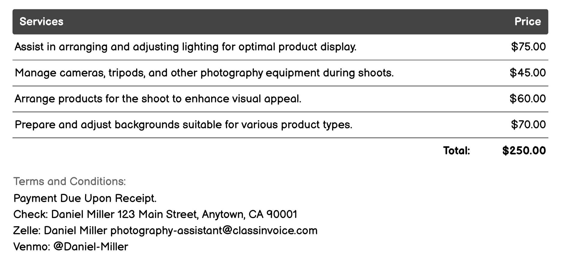 Product Photography Assistants Invoice Example