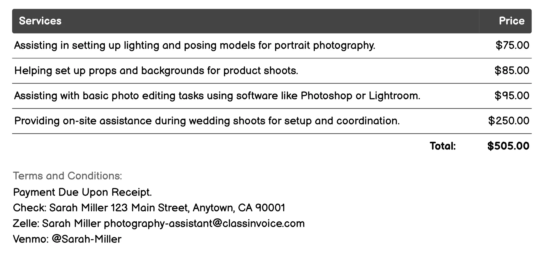 Studio Photography Assistants Invoice Example
