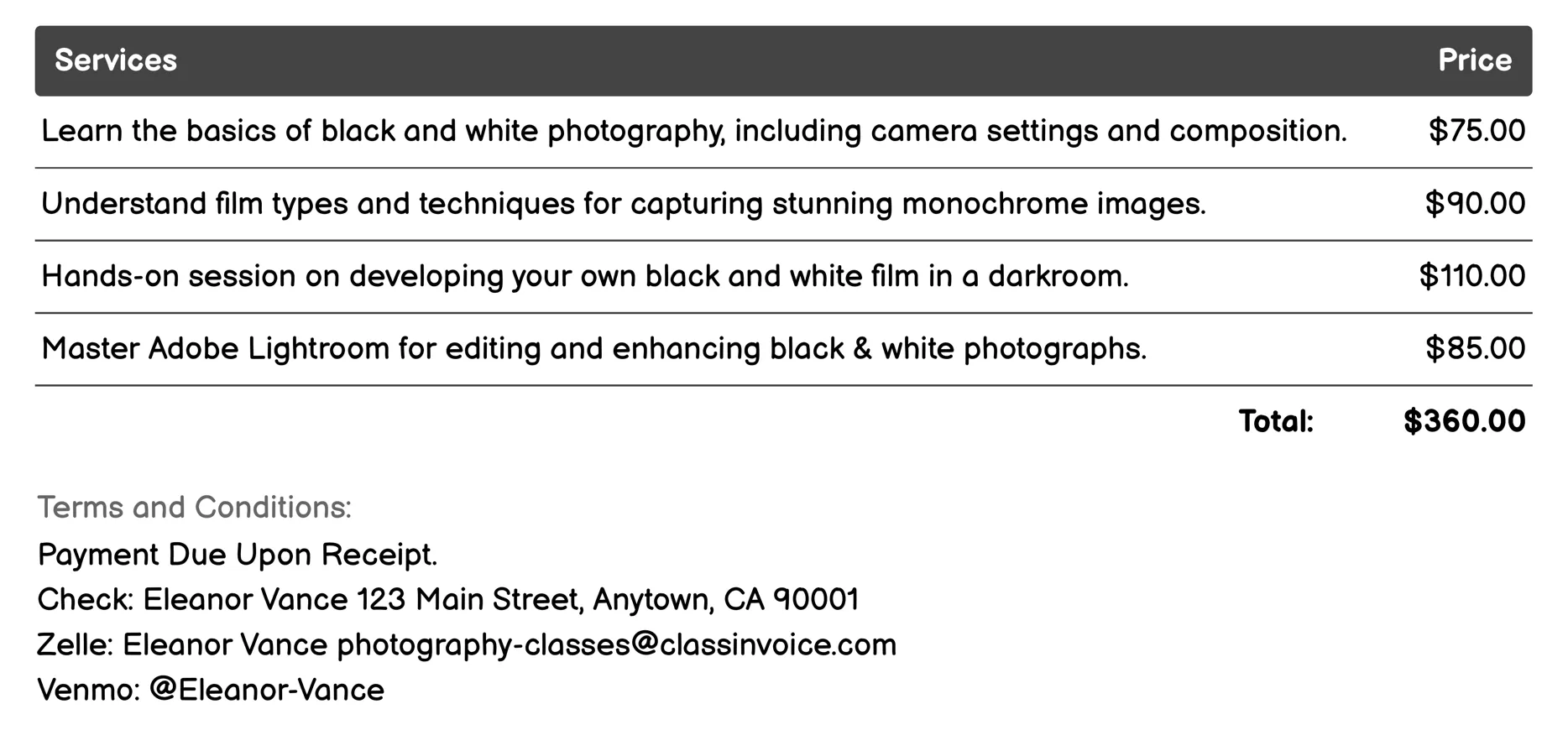 Black & White Photography Invoice Example