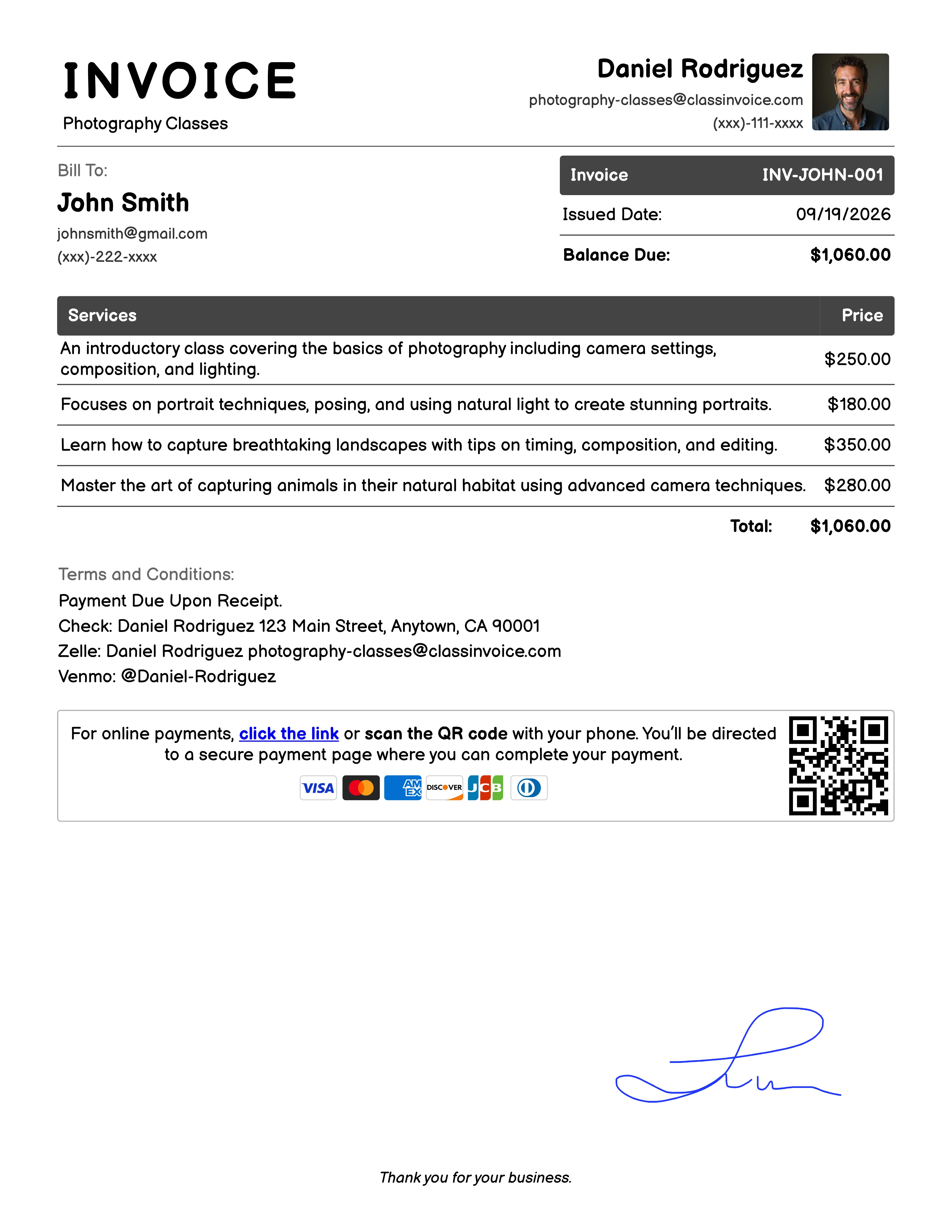 Photography Classes Invoice Example