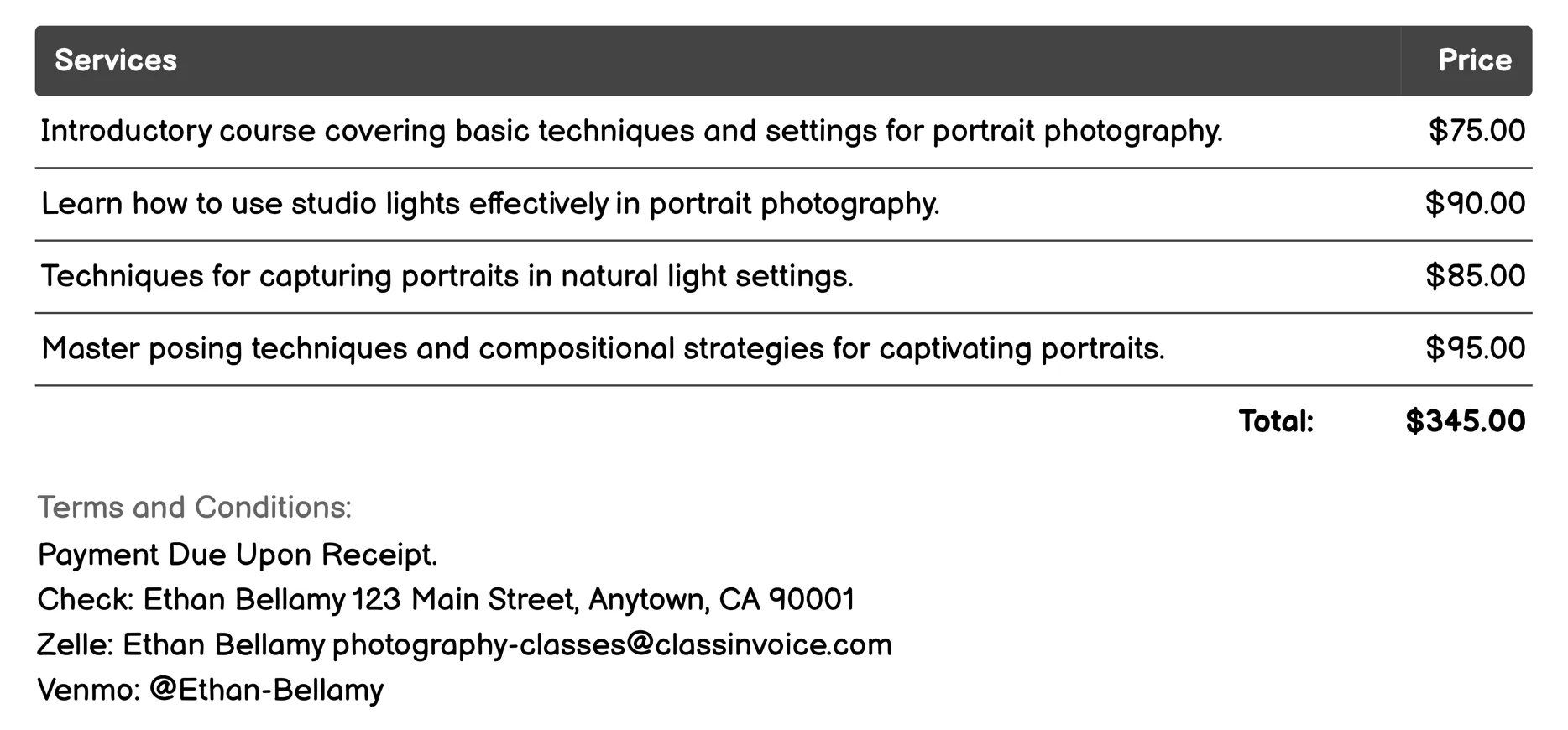 Portrait Photography Invoice Example
