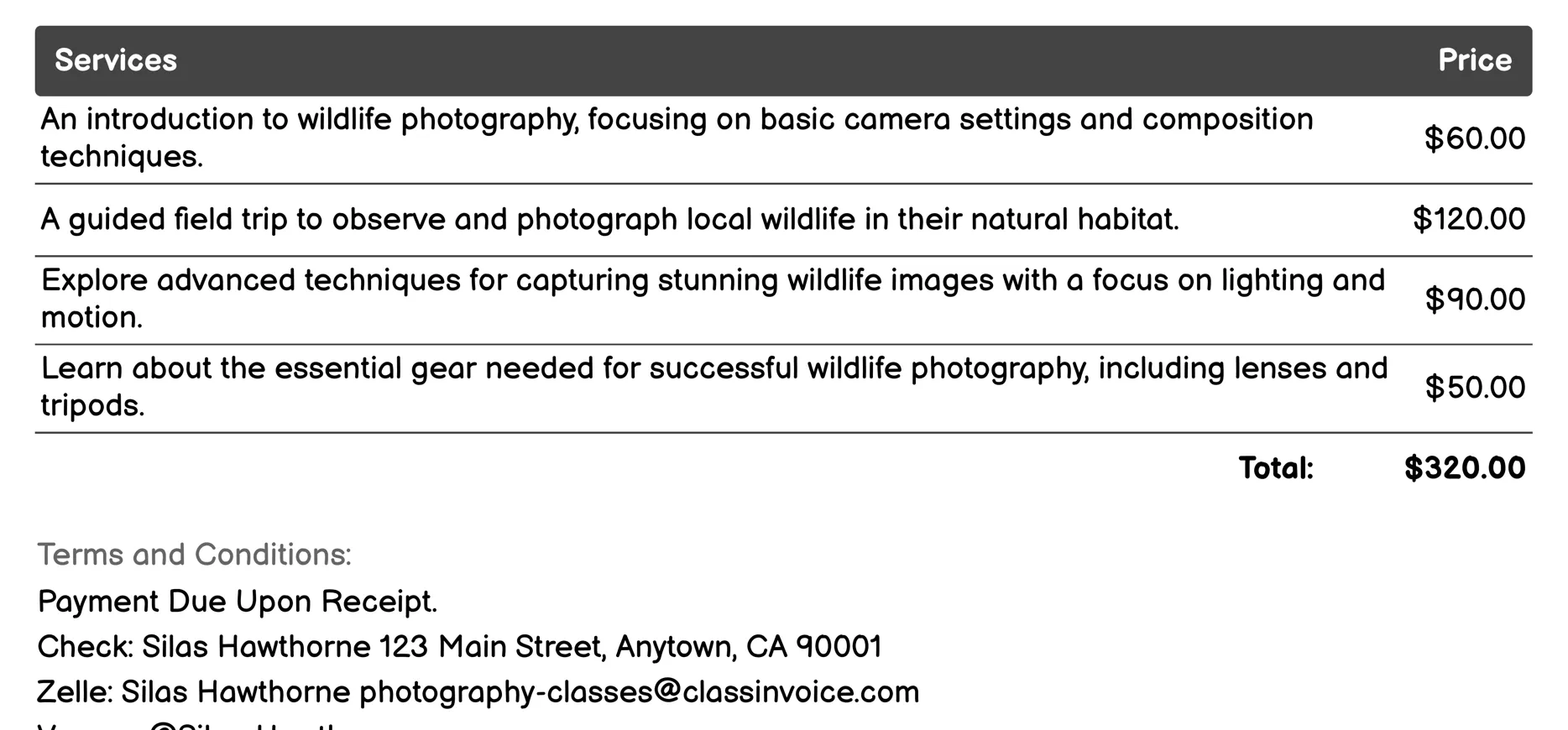 Wildlife Photography Invoice Example