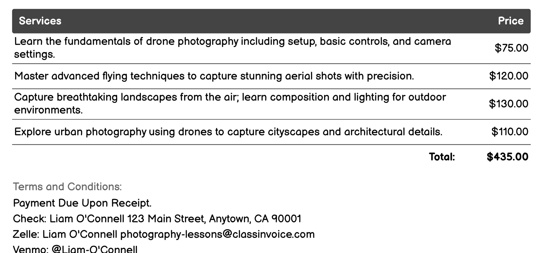 Drone Photography Invoice Example
